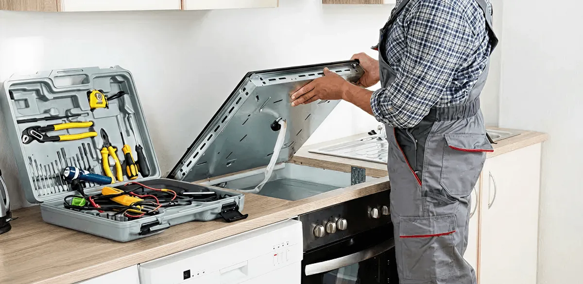 Handyman repairing a cooktop and checking wiring connections in Columbus, OH