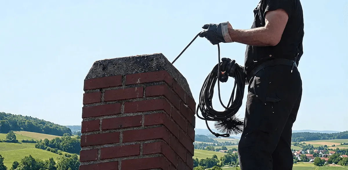 Chimney sweep inspecting and cleaning a rooftop chimney in Columbus, OH