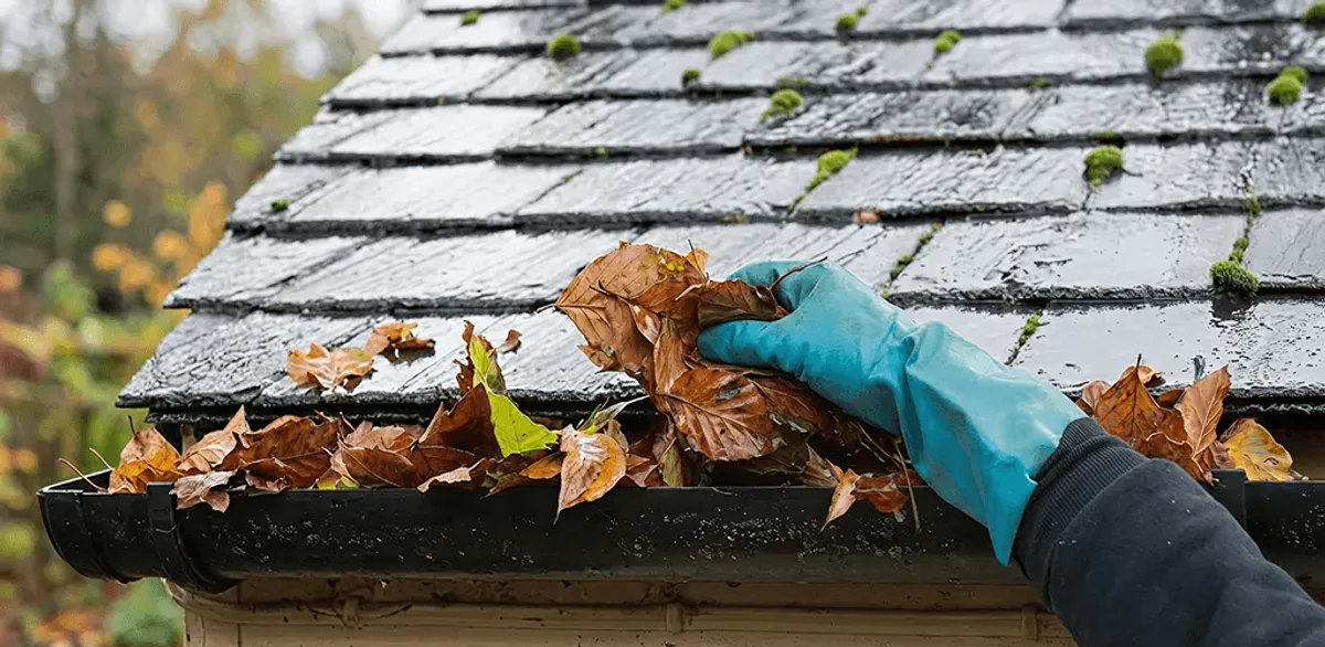 Gutter cleaning technician clearing wet leaves from roof gutters in Columbus, OH